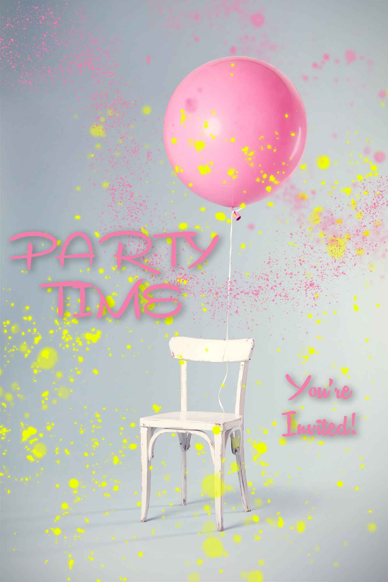 Photoshop party invitation pink yellow ink splats 